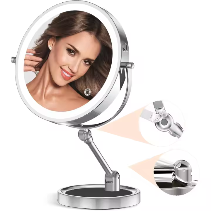 Maquillaje iluminado grande de 9" con aumento de 1X/10X, tocador recargable de 4000 mAh con altura ajustable y luces regulables en 3 colores, - 1