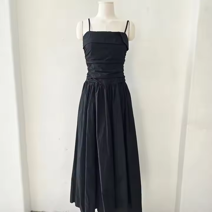 Vestido de tirantes de verano para mujer, falda acampanada plisada de cintura alta, vestido largo coreano Sle Pure Desire, cuello cuadrado, viaje dividido - 1
