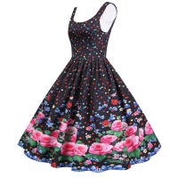 Women vintage spaghetti strap floral print high waist elegant sleeveless a-line party midi dress - details 10