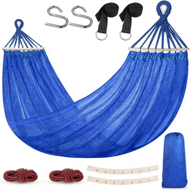 Hamaca Grande de Malla con Barras de Separación, 220 x 150 cm, Hamaca Fresca y Transpirable con Kit de Correas para Árboles para Jardín, Exterior/Interior, Camping, Balcón, Patio - 1