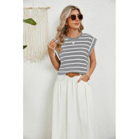 BUNO-2025 Tops para mujer, pantalón corto informal de moda de verano, camisetas básicas con textura a rayas de Color sólido y cuello redondo - details 61
