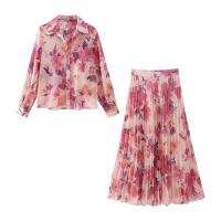 BUNO-Conjunto de dos piezas con estampado floral y manga larga para mujer, camisa informal con una hilera de botones y falda plisada de cintura alta - details 9