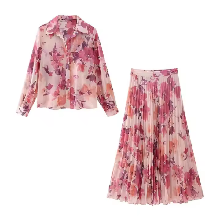 BUNO-Conjunto de dos piezas con estampado floral y manga larga para mujer, camisa informal con una hilera de botones y falda plisada de cintura alta - 1