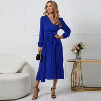 Vestidos largos informales para mujer, cuello en V, manga larga, cintura alta, Maxi, diario, Azul S - details 5