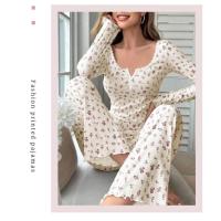 Conjunto De Pijamas Para Mujer Con Cuello Redondo Y Mangas Largas Pantalones Elásticos Ropa Casual De Primavera Dos Piezas - details 7