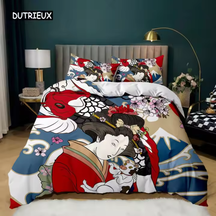 Juego de Fundas de Almohada de Cultura Japonesa Geisha Tamaño Doble Rey Material de Poliéster - 1
