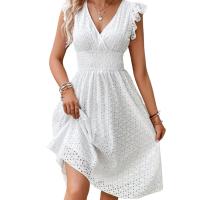 Vestido de playa con cuello en V para mujer, vestido de verano con manga acampanada, color sólido, cintura hueca de encaje, vestidos informales para vacaciones en la playa - details 0
