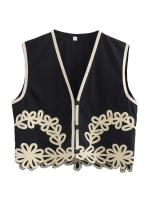 Chaleco Corto Bordado Zevity Aplicación Floral Femenina, Chaleco Sin Mangas, Top Ajustado, Estilo Europeo, CT6207 - details 2