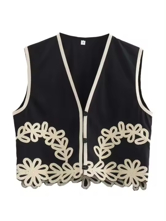 Chaleco Corto Bordado Zevity Aplicación Floral Femenina, Chaleco Sin Mangas, Top Ajustado, Estilo Europeo, CT6207 - 1