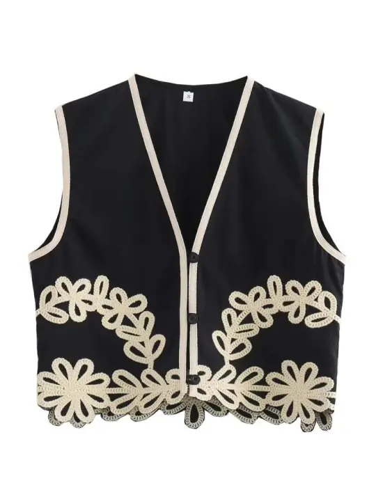 Chaleco Corto Bordado Zevity Aplicación Floral Femenina, Chaleco Sin Mangas, Top Ajustado, Estilo Europeo, CT6207 - 1