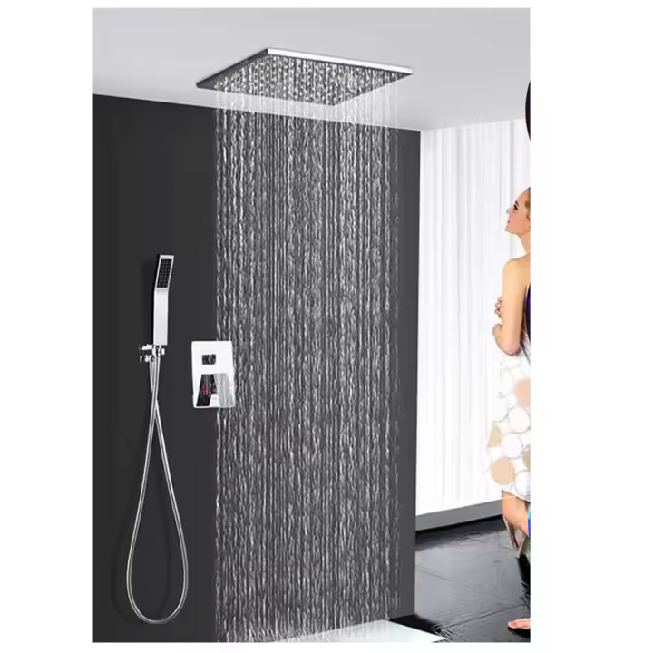 Sistema de ducha LED empotrado, cabezal cuadrado de ducha de mano, lluvia y caída, el Color cambia según la temperatura, 30x30 cm - 1