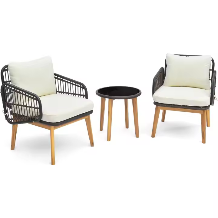 Conjunto de Muebles de Jardín 3 Piezas, 2 Sillones de Polirratán y 1 Mesa con Tablero de Cristal, Juego de Bistro con Cojines, Mesa y Silla para Terraza, Jardín, Patio - 1