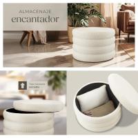 Taburete Almacenaje Bouclé, Carga: 120 kg, MDF, Puff Almacenaje, Taburete Dormitorio, Reposapies Puff, Zapatero Entrada Recibidor, Asiento Acolchado, Ideal Salón Hogar - 42 x 47 cm Crema - details 28