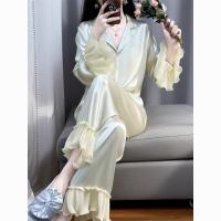 Pijama de Dulce Seda para Mujer Conjunto de Ropa de Casa de Primavera-Verano, Encaje de Alta Calidad, Color Sólido - details 3