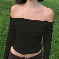 Mujer sexy fuera del hombro malla delgada manga trompeta manga larga crop top camiseta mujer - details 2