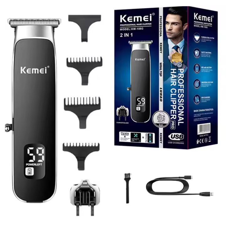 Kemei-cortadora de pelo profesional para hombre, recortadora de barba eléctrica, máquina de corte de pelo recargable, contornos, 1893 - 1