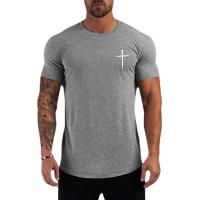 Camiseta interior de Fitness para hombre, camisa de manga corta de algodón con estampado cruzado personalizado para correr, gimnasio, culturismo, entrenamiento - details 5