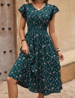Vestido estampado de verano 2025, nuevo, elegante, para mujer, con cuello en V, lazo en la cintura y mangas con volantes. - details 8