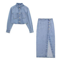 Conjunto de Vestido con Corte de Cadena de Denim de Manga Larga Estilo Vintage para Mujer en Verano 2023 - details 0