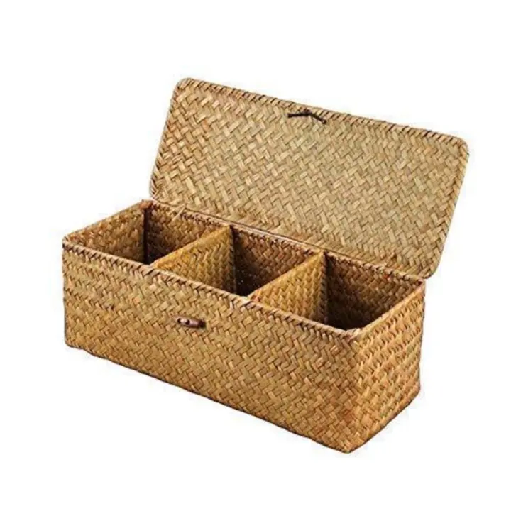 Cestas de almacenamiento tejidas a mano, rectangulares, con tapa, cesta de almacenamiento tejida a mano de 3 rejillas, caja de almacenamiento divisora de ratán a prueba de polvo - 1