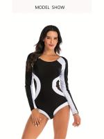Traje de baño de una pieza con mangas largas y detalles de colores contrastantes, traje de surf y buceo de corte alto con - details 0