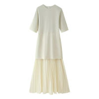 TRAFZA-vestido largo Vintage de manga corta con cremallera trasera para mujer, vestido plisado de punto con cuello redondo, decoración de empalme, primavera 2025 - details 8