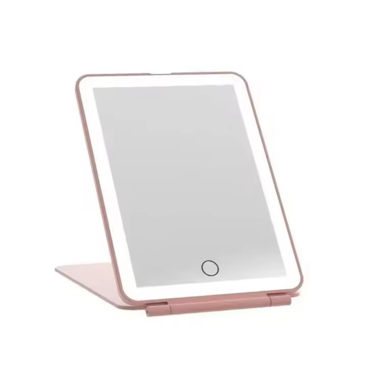 Espejo de Maquillaje Plegable LED Portátil 3 Modos de Luz Cargable USB Pantalla Táctil Rosa - 1