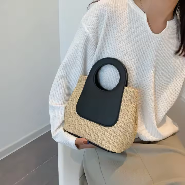 Bolso de paja de retales de Color Vintage, bolso tejido a mano de gran capacidad, bolso de hombro Simple de moda - 1