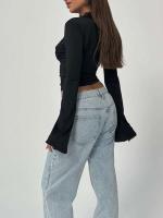 Tops de otoño para mujer, camisa corta con escote en V profundo y mangas de campaña, ropa de calle informal - details 1