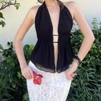 BUNO-Tops cortos sexys con espalda descubierta Y2K, Tops cortos de vendaje con perspectiva de malla sin mangas, camisetas sin mangas con cuello Halter, Top de moda para fiesta y Club - details 1