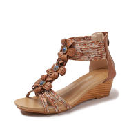 Sandalia Tacón inclinado Temporada de mujer Nuevo estilo étnico Tacones altos versátiles Parte inferior gruesa Punta abierta Sandalias de mamá de moda - details 3