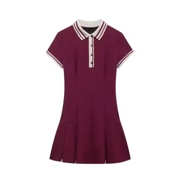TRZA-Mini vestido de punto plisado acanalado en contraste para mujer, cuello polo, mangas cortas, vestidos femeninos, moda elegante - 1
