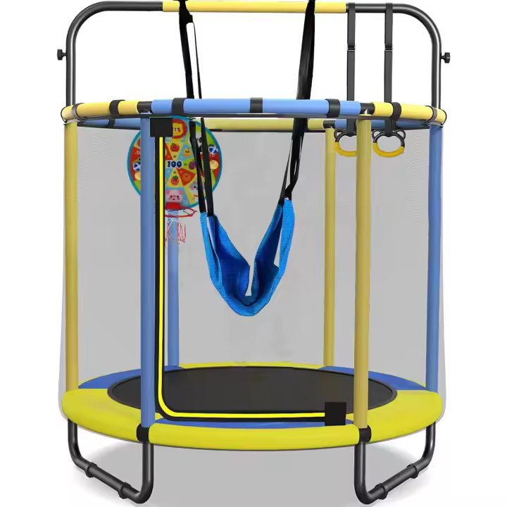 Elástica para Niños Cama de Interior/Exterior con Columpio, Barras de Gimnasia, Aros, Canasta de Baloncesto/Dardos Incluidos 145cmx170cm, Capacidad de Peso 50kg - 1