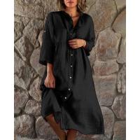 Vestido largo de algodón y lino para mujer, vestido informal de Color sólido europeo y americano, novedad - details 5