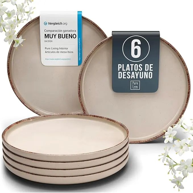 Elegante Juego de Platos de Gres Rústico para Desayuno y Postre Set de 6 Platos Resistentes para Lavavajillas Teller Pequeños para Ensalada y Pastel Pure Living en Color beige - 1