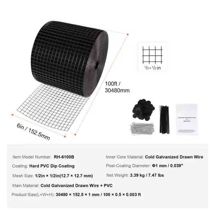 SucceBuy Kit de rollo de protección para pájaros y bichos con panel solar de 6 pulgadas x 100 pies. 100 piezas de sujetadores. Recubierto de PVC a prueba de óxido. Malla de rollo de alambre de 1/2 pulgada. - 1