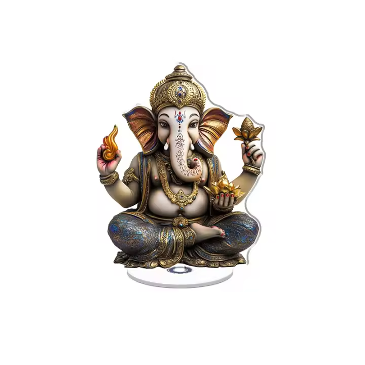 Escultura acrílica giratoria de Ganesha meditativa con cabeza de elefante dorada y marcas de lapislázuli que equilibran una llama y un loto sobre un fondo blanco - 1