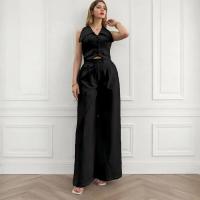 Conjunto de pantalones largos informales de dos piezas con cintura ajustada y manga de Color liso para mujer, novedad de verano - details 18