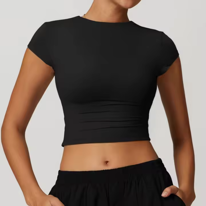 Top corto de manga corta con logo personalizado para mujer, camiseta de yoga ajustada de alta elasticidad, camiseta corta de fitness para correr y gimnasio - 1