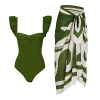 Conjunto de traje de baño con falda para la playa, traje de baño sexy con estampado de gasa para mujer, cubierta del vientre y espalda descubierta, una pieza, novedad de 2025 - details 0