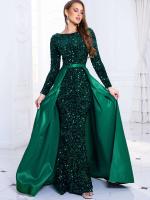 Vestido de Fiesta de Manga Larga y Brillante Cuello Redondo, Lentejuelas Elásticas, Alto hasta el Suelo Pañuelo de Moda para Mujeres con Negro y Verde Desmontable - details 2