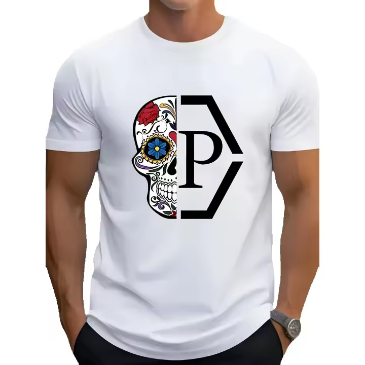 Camiseta de Manga Corta para Hombre Estampado Geométrico de Calavera Ajuste Regular - 1