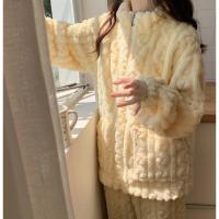 Conjunto De Pijamas De Dos Piezas Para Mujer, Conjunto De Top Y Pantalones De Manga Larga Con Cuello Levantado Texturizado De Jacquard Y Cremallera, Grueso Y Cálido, Otoño - details 9