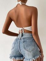 Corpiño bohemio con huecos, top de bikini para mujer, cuello halter con tirantes, mezcla de rayón/viscosa, ligero estiramiento, color sólido, tejido de punto, 110 g/m², con almohadilla para el pecho - Ropa de playa para adultos - details 1