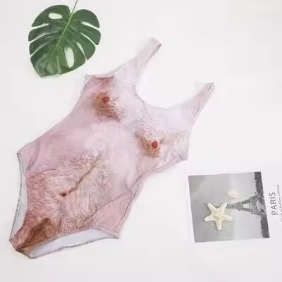 Impresión divertida de Borat de una sola pieza para mujer, traje de baño sexy con pelo en el pecho, traje de baño de broma de verano, novedad, ropa de playa - 1
