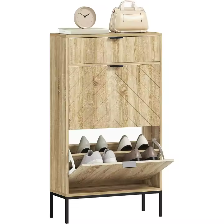 Zapatero estrecho con 2 puertas, zapatero de entrada recibidor con cajón y estantes ajustables para 8 pares de zapatos 60x24x105,5 cm Roble - 1