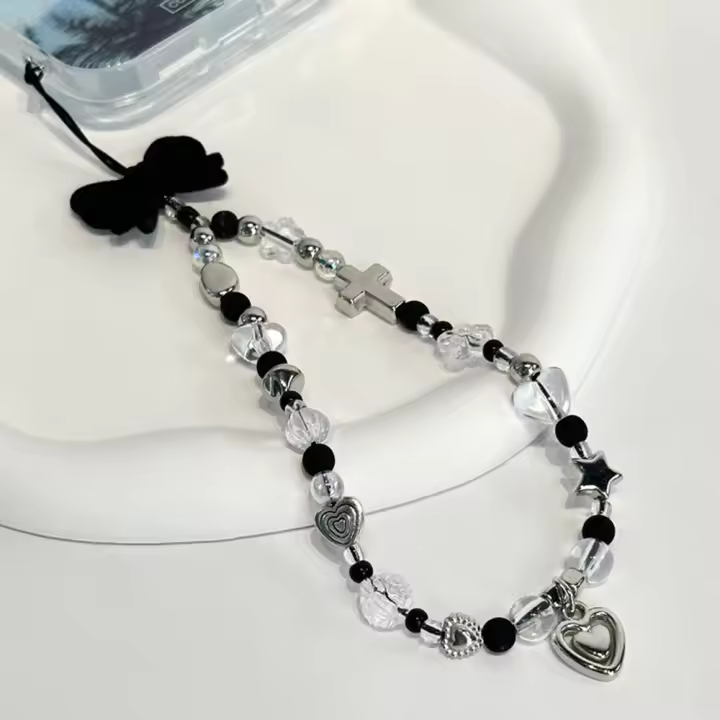 Cadena de teléfono con cuentas de estrella y flor transparente con lazo negro bonito coreano, cordón colgante de corazón de amor plateado para iPhone, cuerda colgante antipérdida - 1
