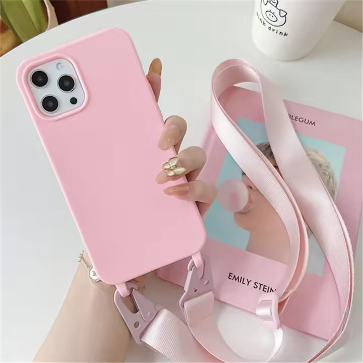 Funda de silicona mate con cordón y correa para collar cruzado para iPhone 16 15 14 Pro Max 11 12 13 XR X XS 6 7 8 Plus SE cubierta a prueba de golpes - 1