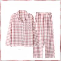 Pijamas de mujer, ropa de casa de ocio a la moda, ropa de dormir sencilla a cuadros de manga larga, ropa de dormir holgada de algodón de talla grande, conjunto de dos piezas - details 3
