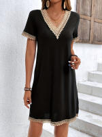 Verano francés encaje cuello V vestido de comercio exterior manga corta jersey a-line falda - details 2